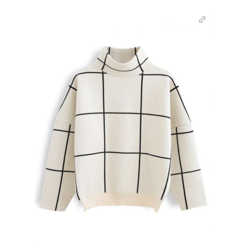 Chicwish Cream and Black Grid Sweater